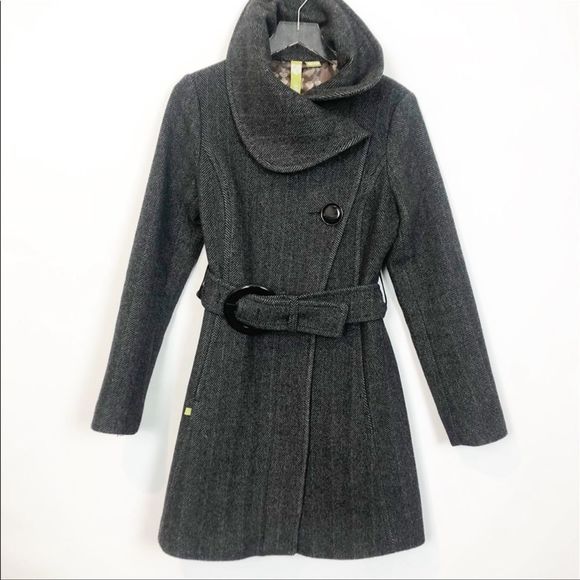 Anthropologie Soia & Kyo Grey Herringbone Wool Blend Belted Lined Coat Sz XL - Picture 4 of 10